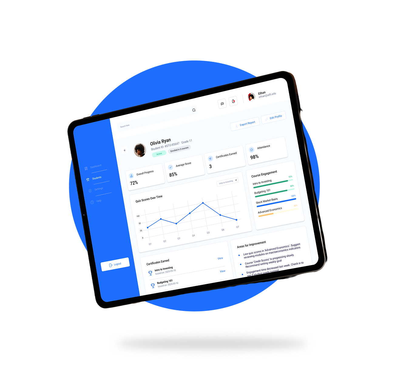 Wintrice student dashboard on tablet